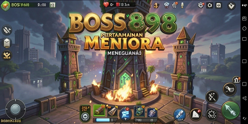 Tangkapan layar gameplay BOS898 menunjukkan menara yang menghalau serangan musuh.
