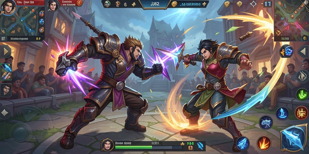 Tampilan gameplay seru di JJ62 dengan aksi MOBA yang intens.